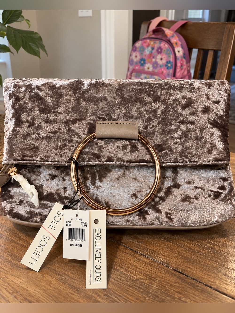 NWT Sole Society Porto Taupe Crushed Velvet Gold Ring Handle Bag